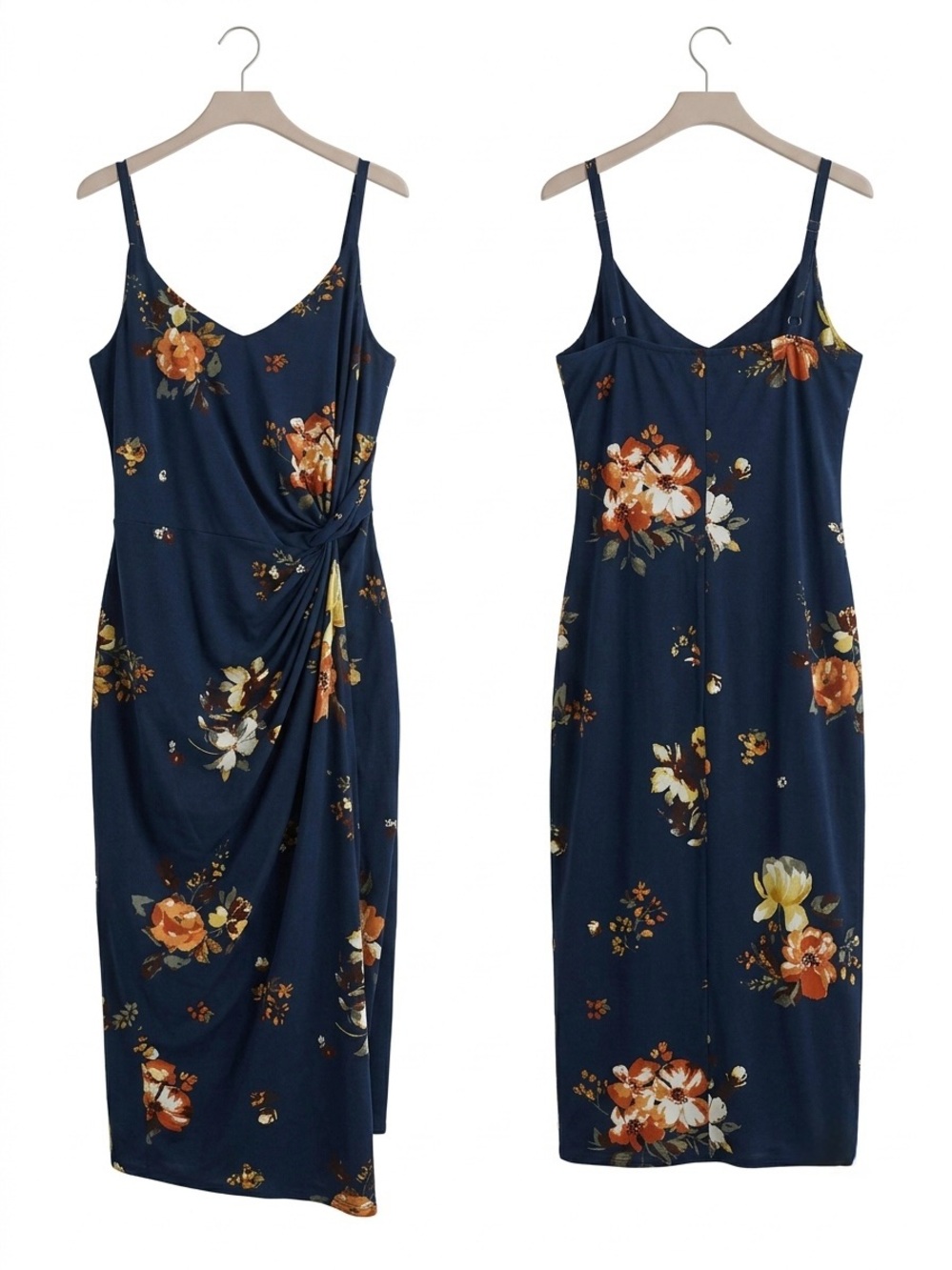 nine britton Navy Floral Twist-Detail Slip Midi Dress